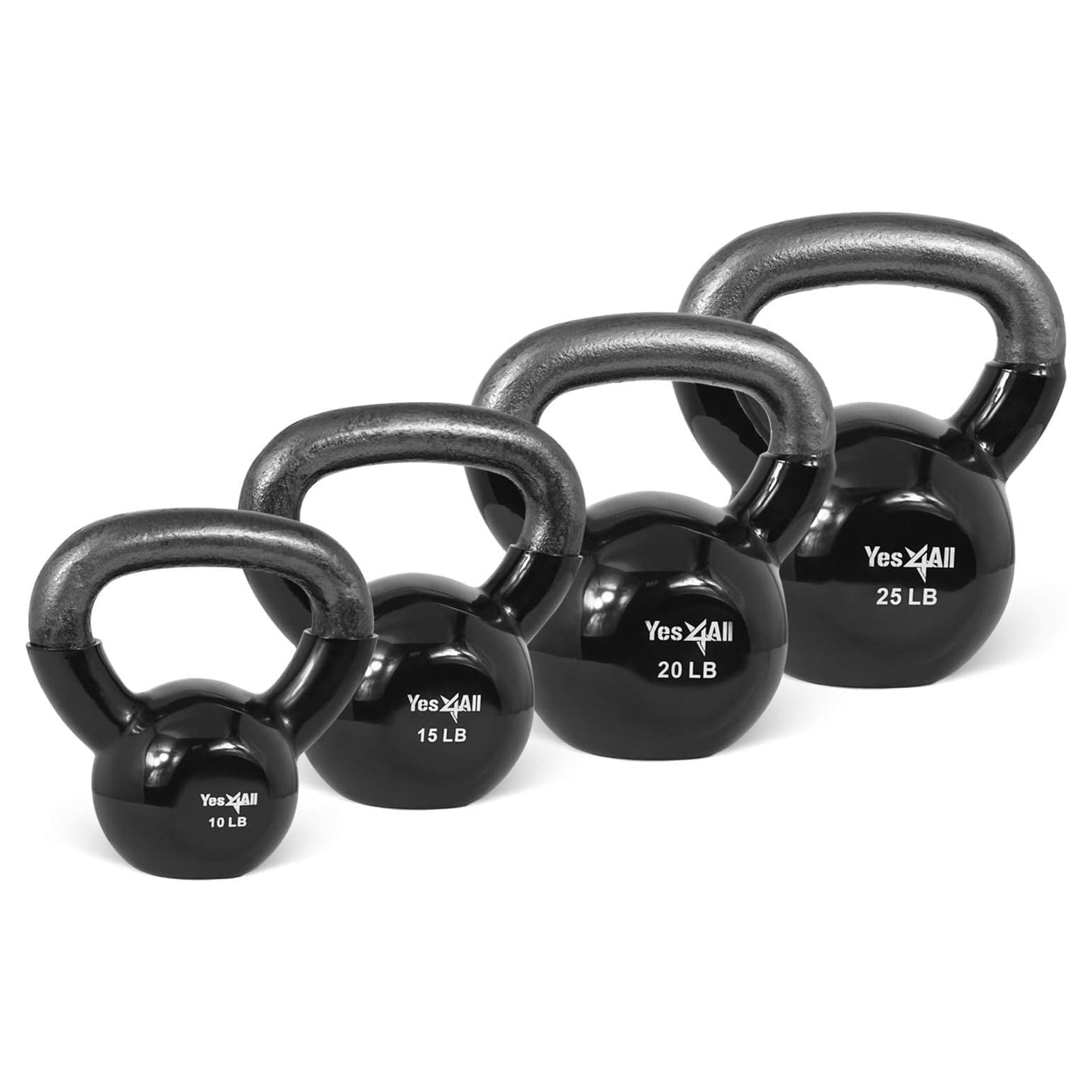 Yes4All 10, 15, 20, 25lb Kettlebell Set, Vinyl Coated Cast Iron Weights, Black - VMInnovations