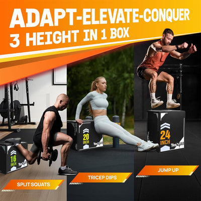 Yes4All 3-in-1 Padded Plyo Box with Wooden Core & Vinyl Cover 24"L x 20"W x 16"H - VMInnovations