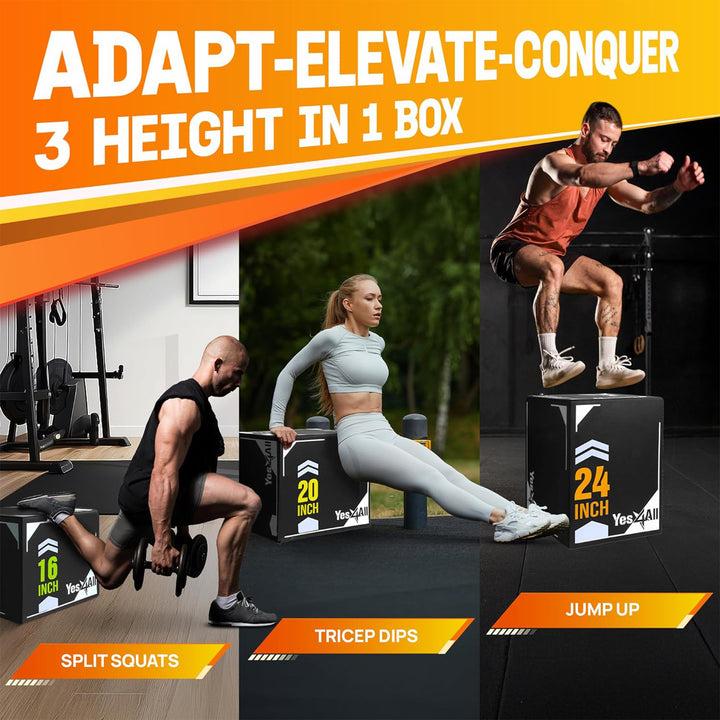 Yes4All 3-in-1 Padded Plyo Box with Wooden Core & Vinyl Cover 24"L x 20"W x 16"H - VMInnovations