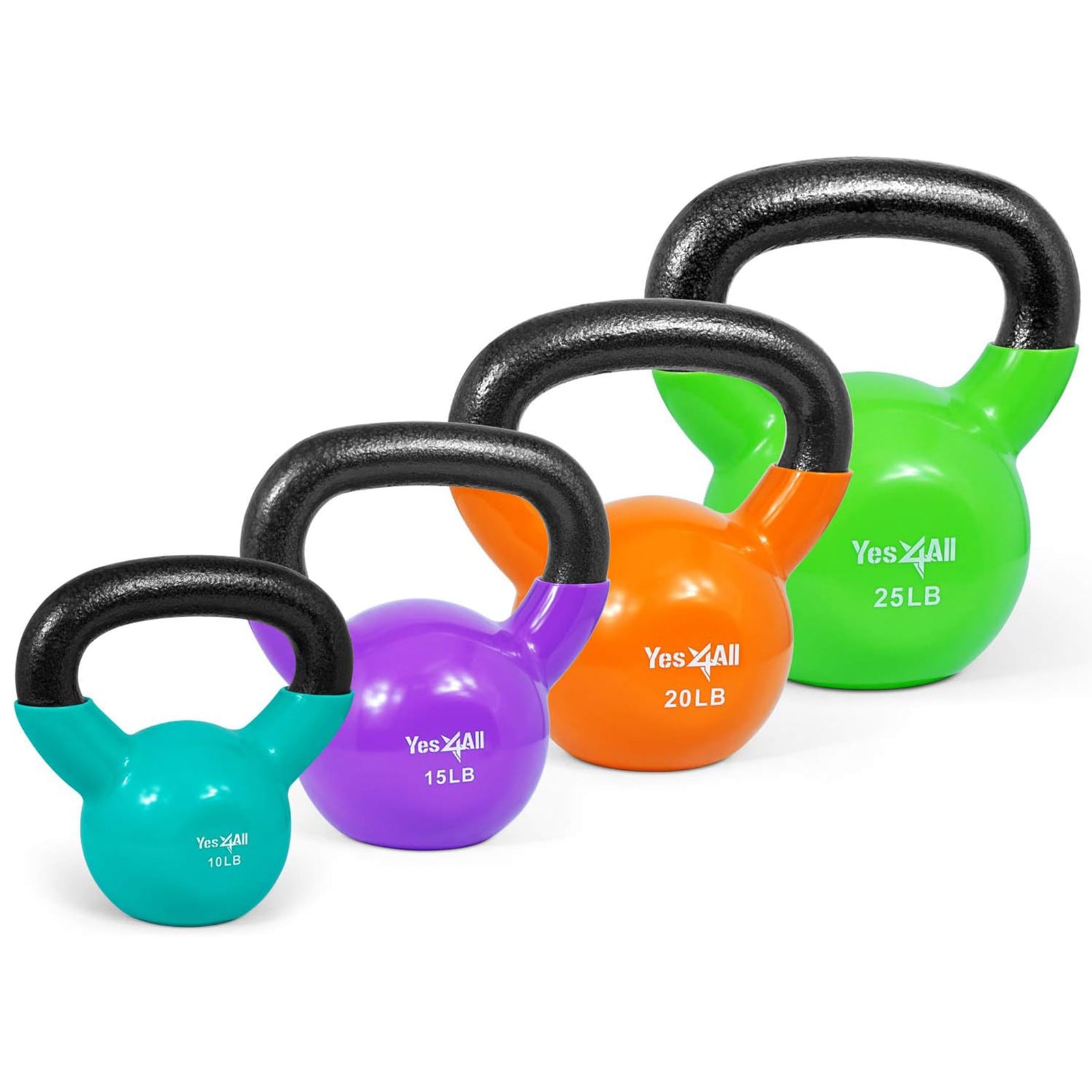 Yes4All 10, 15, 20, 25lb Kettlebell Set, Vinyl Coated Cast Iron Weights, Multi - VMInnovations