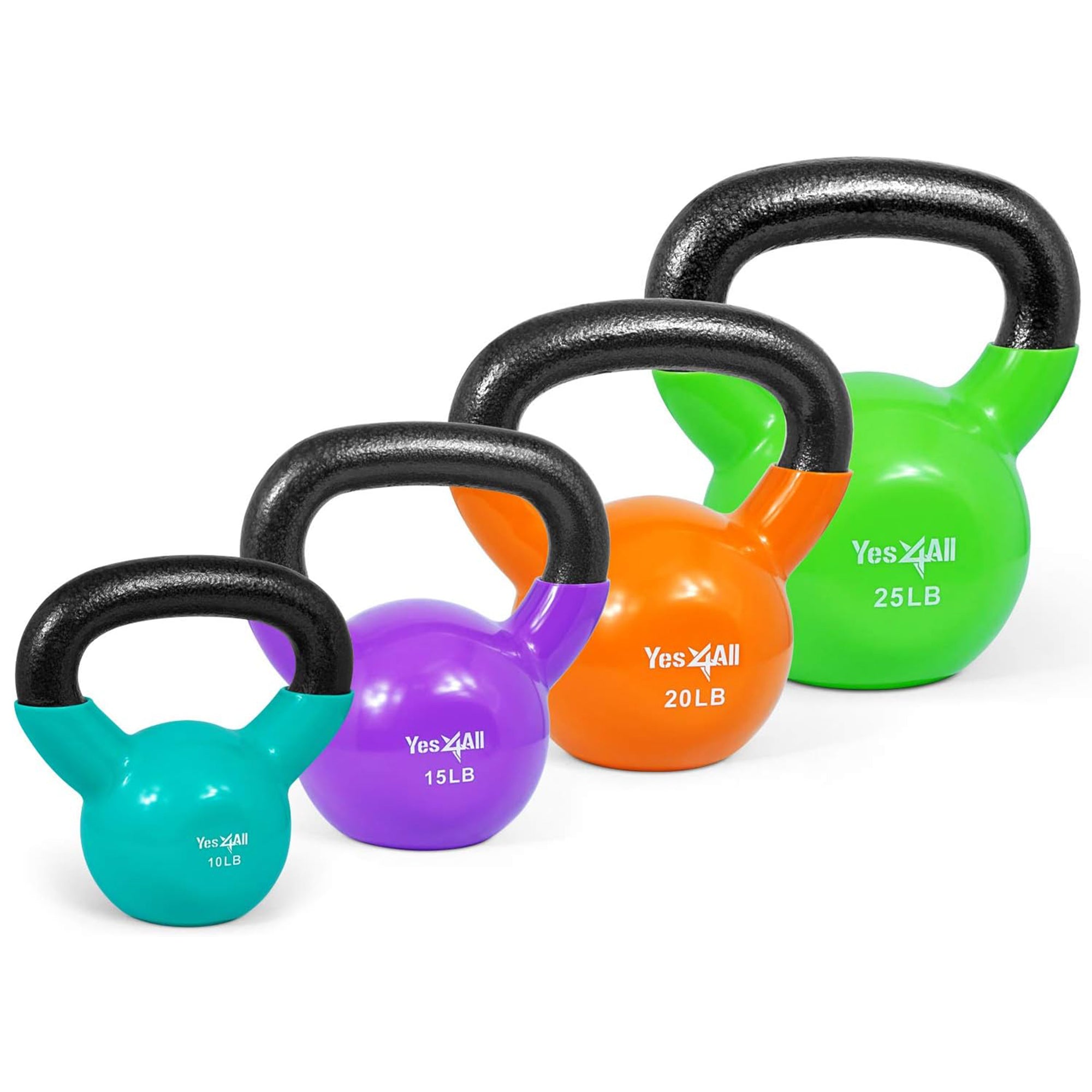 Yes4All 10, 15, 20, 25lb Kettlebell Set, Vinyl Coated Cast Iron Weights, Multi - VMInnovations