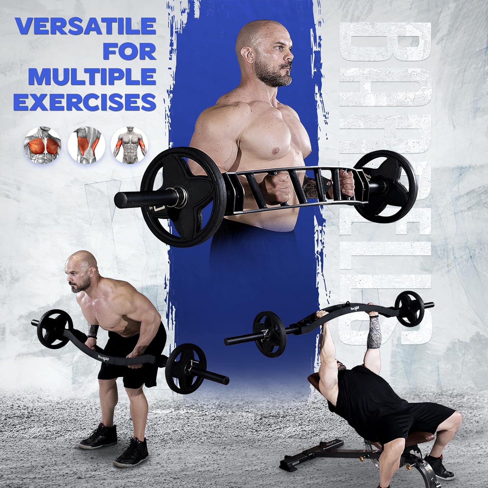 Yes4All Multi Grip Barbell & Cable Attachment, Fits Olympic Weight Plates, Black (For Parts)