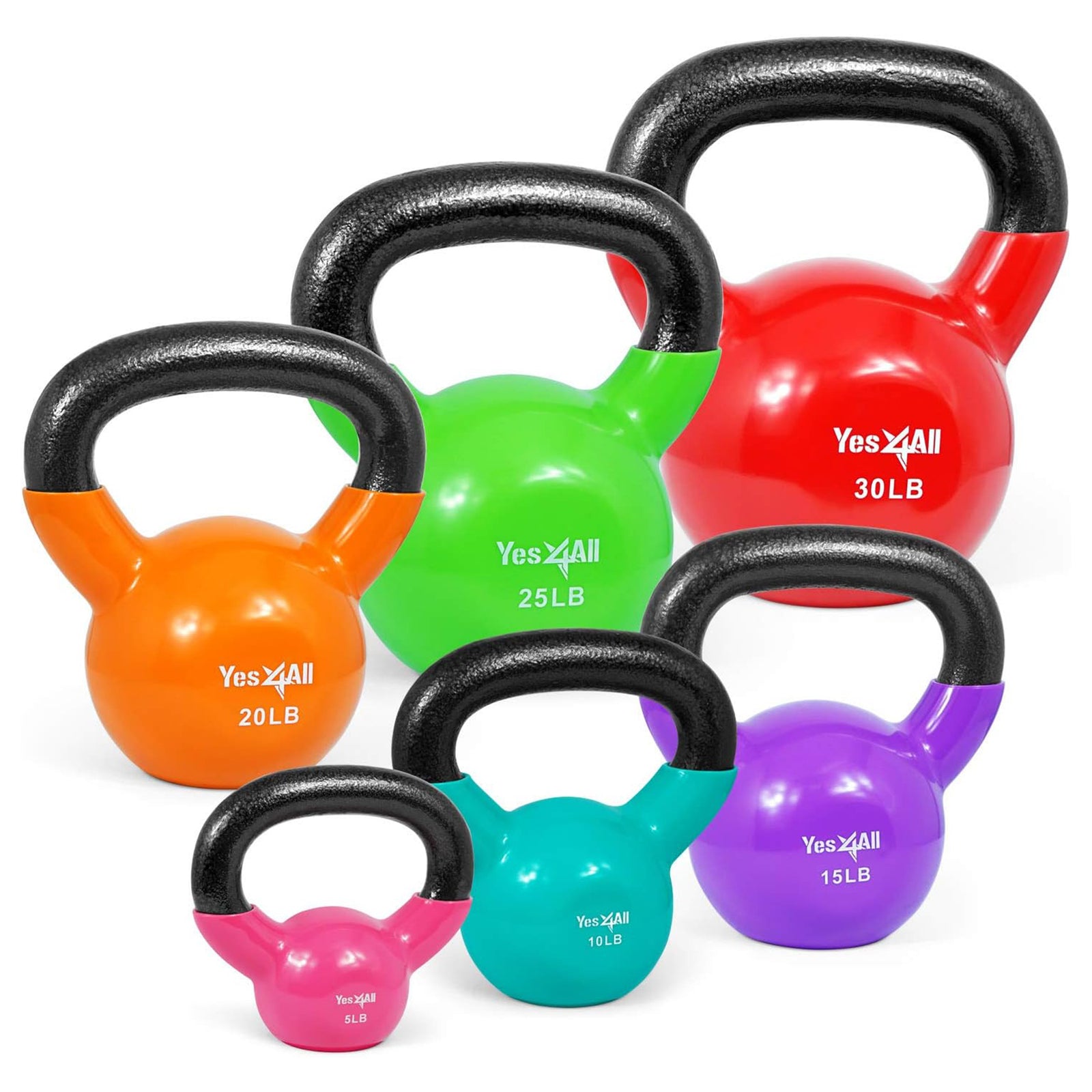Yes4All 5, 10, 15, 20, 25, & 30lb Kettlebell Set, Vinyl Coated Cast Iron, Multi - VMInnovations