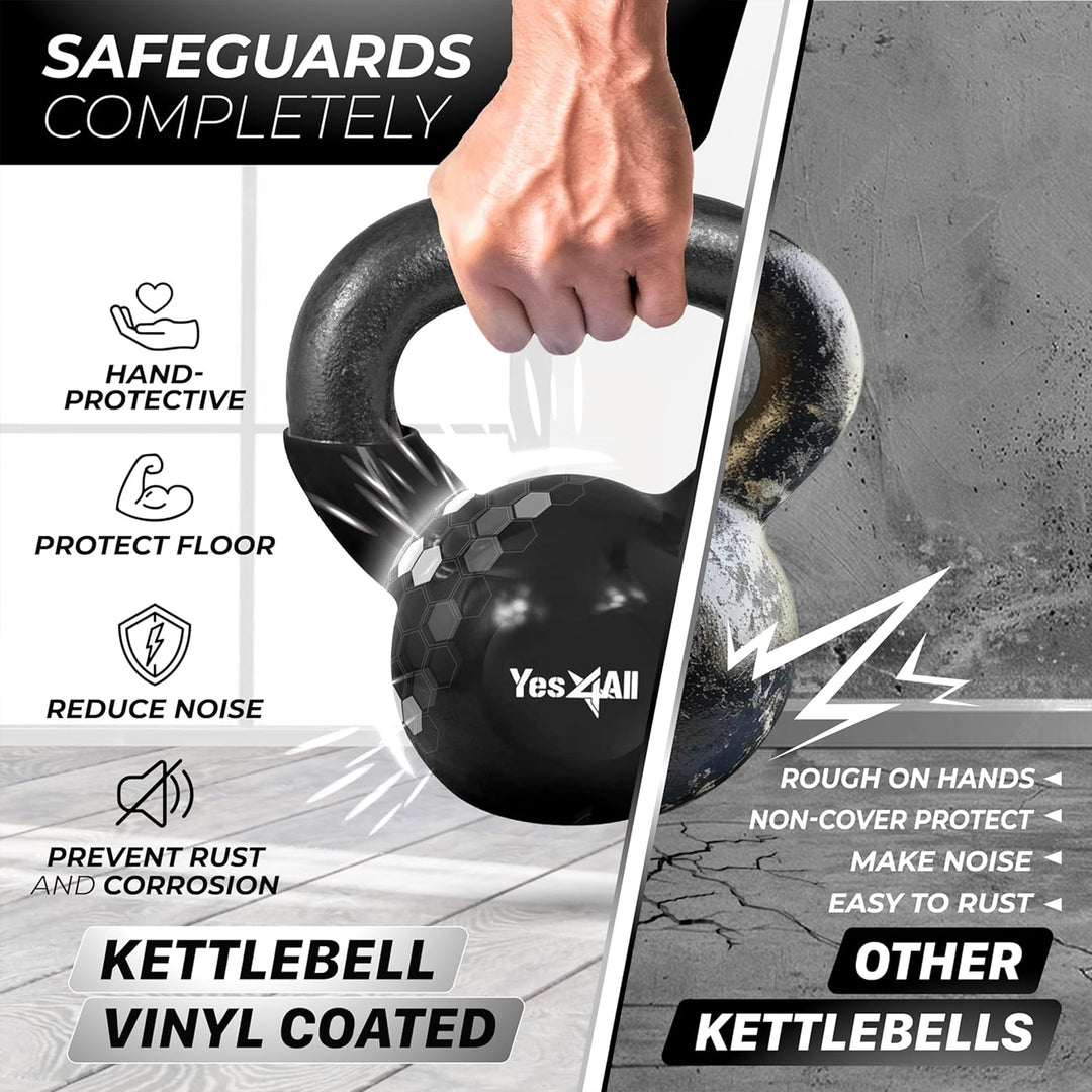 Yes4All 5, 10, 15, 20, 25, & 30lb Kettlebell Set, Vinyl Coated Cast Iron, Black - VMInnovations
