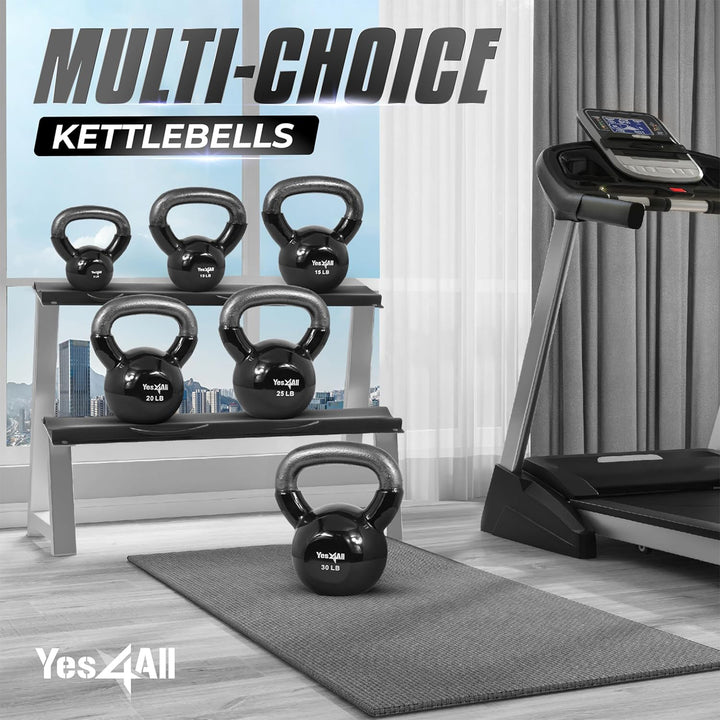 Yes4All 5, 10, 15, 20, 25, & 30lb Kettlebell Set, Vinyl Coated Cast Iron, Black - VMInnovations