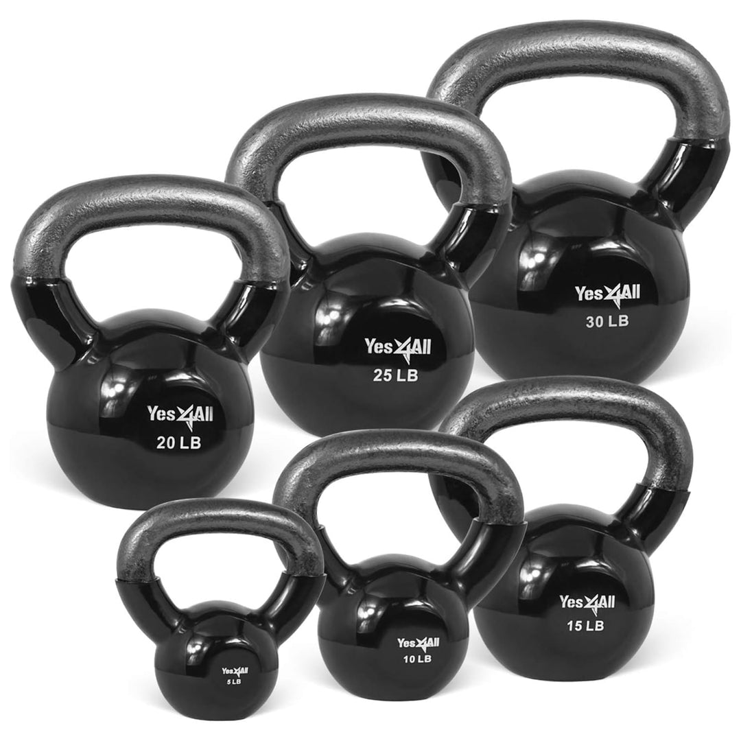 Yes4All 5, 10, 15, 20, 25, & 30lb Kettlebell Set, Vinyl Coated Cast Iron, Black - VMInnovations
