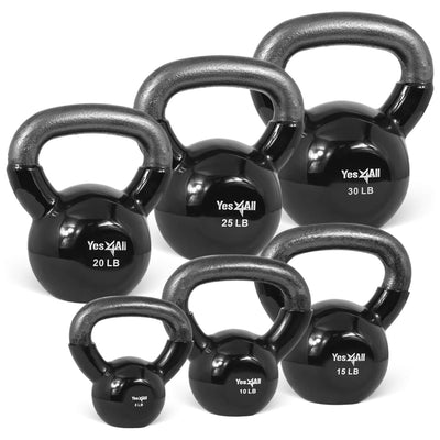 Yes4All 5, 10, 15, 20, 25, & 30lb Kettlebell Set, Vinyl Coated Cast Iron, Black - VMInnovations