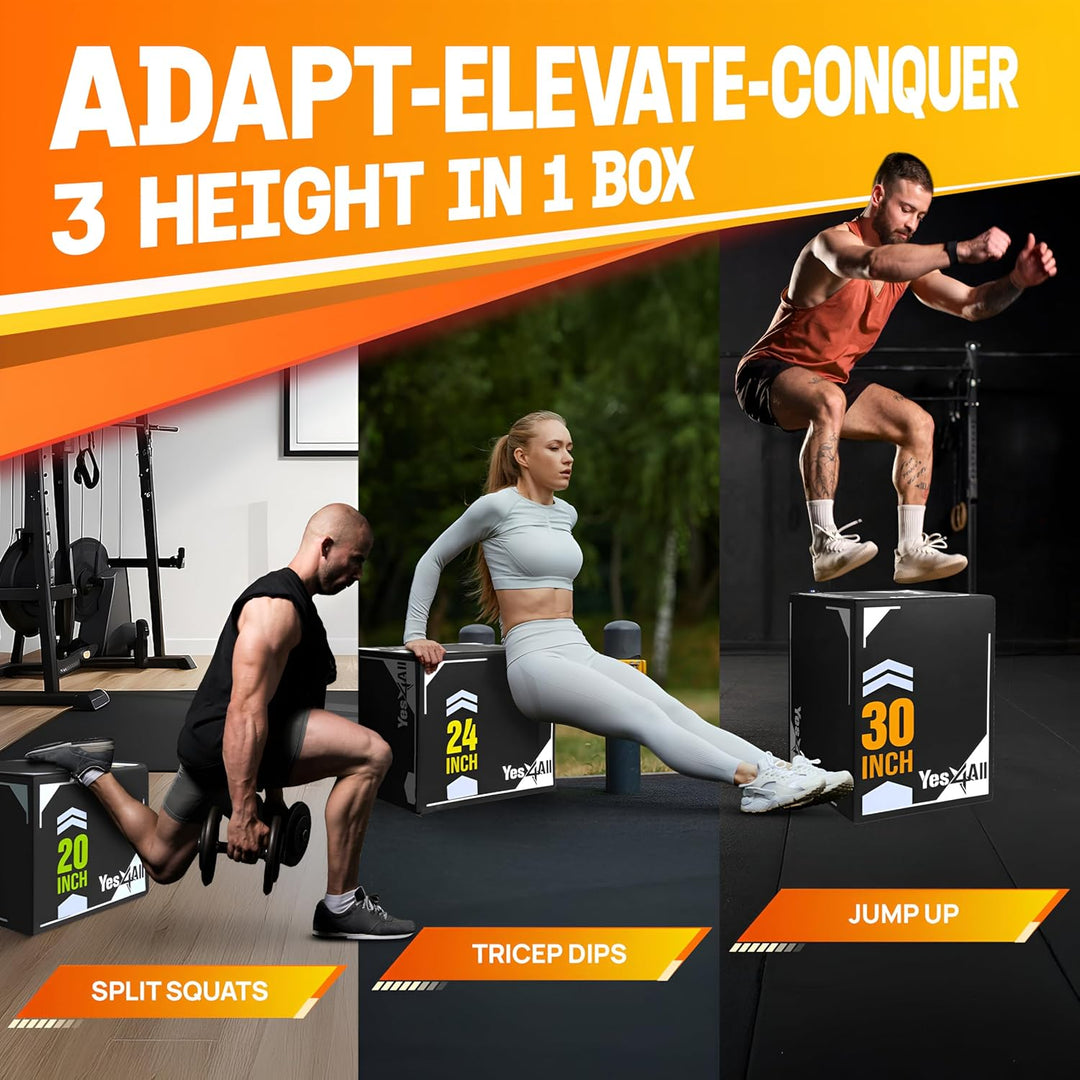 Yes4All 3-in-1 Padded Plyo Box with Wooden Core & Vinyl Cover 30"L x 24"W x 20"H - VMInnovations