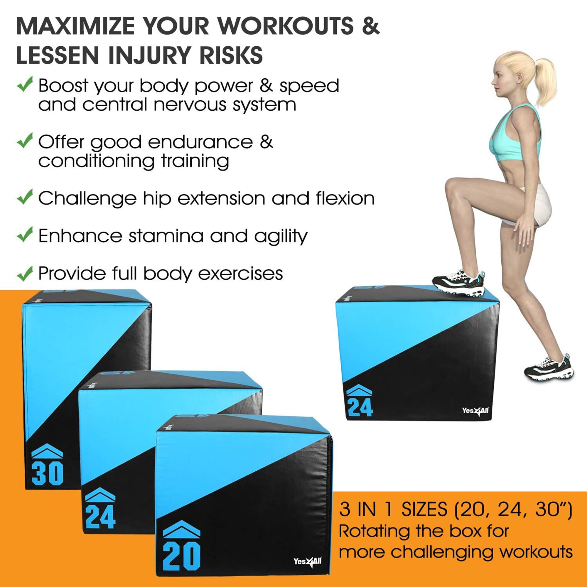 Yes4All 3-in-1 Soft Plyo Box with Foam Core & PVC Cover 30"L x 24"W x 20"H, 64lb - VMInnovations
