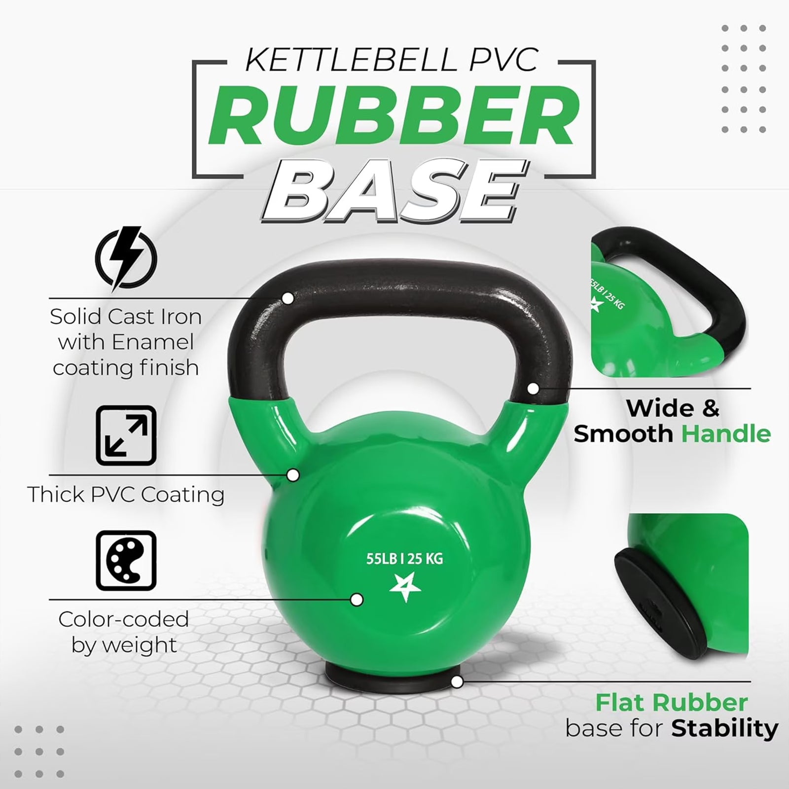 Yes4All 55 Pound Kettlebell, Vinyl Coated Cast Iron Weight w/Rubber Base, Green - VMInnovations