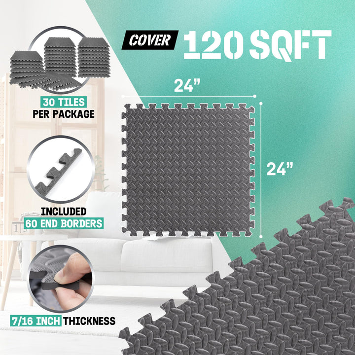 Yes4All Interlocking Foam Exercise Mat, 7/16" Thick, 24"x24", 120 Sq Ft, Grey - VMInnovations