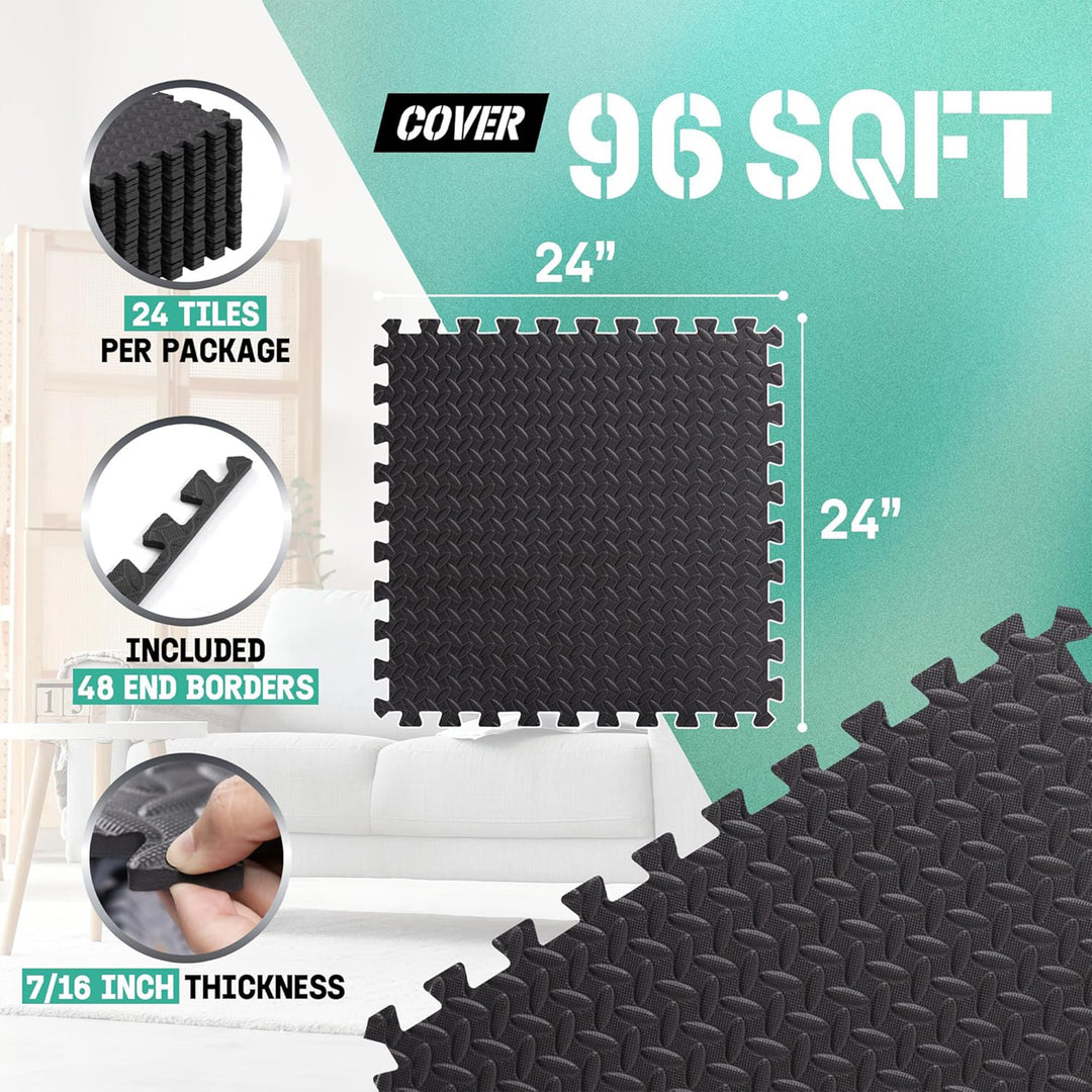 Yes4All Interlocking Foam Exercise Mat, 7/16" Thick, 24"x24", 96 Sq Ft, Black - VMInnovations