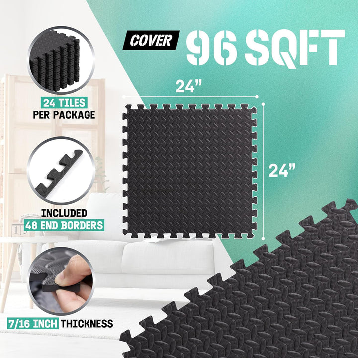 Yes4All Interlocking Foam Exercise Mat, 7/16" Thick, 24"x24", 96 Sq Ft, Black - VMInnovations
