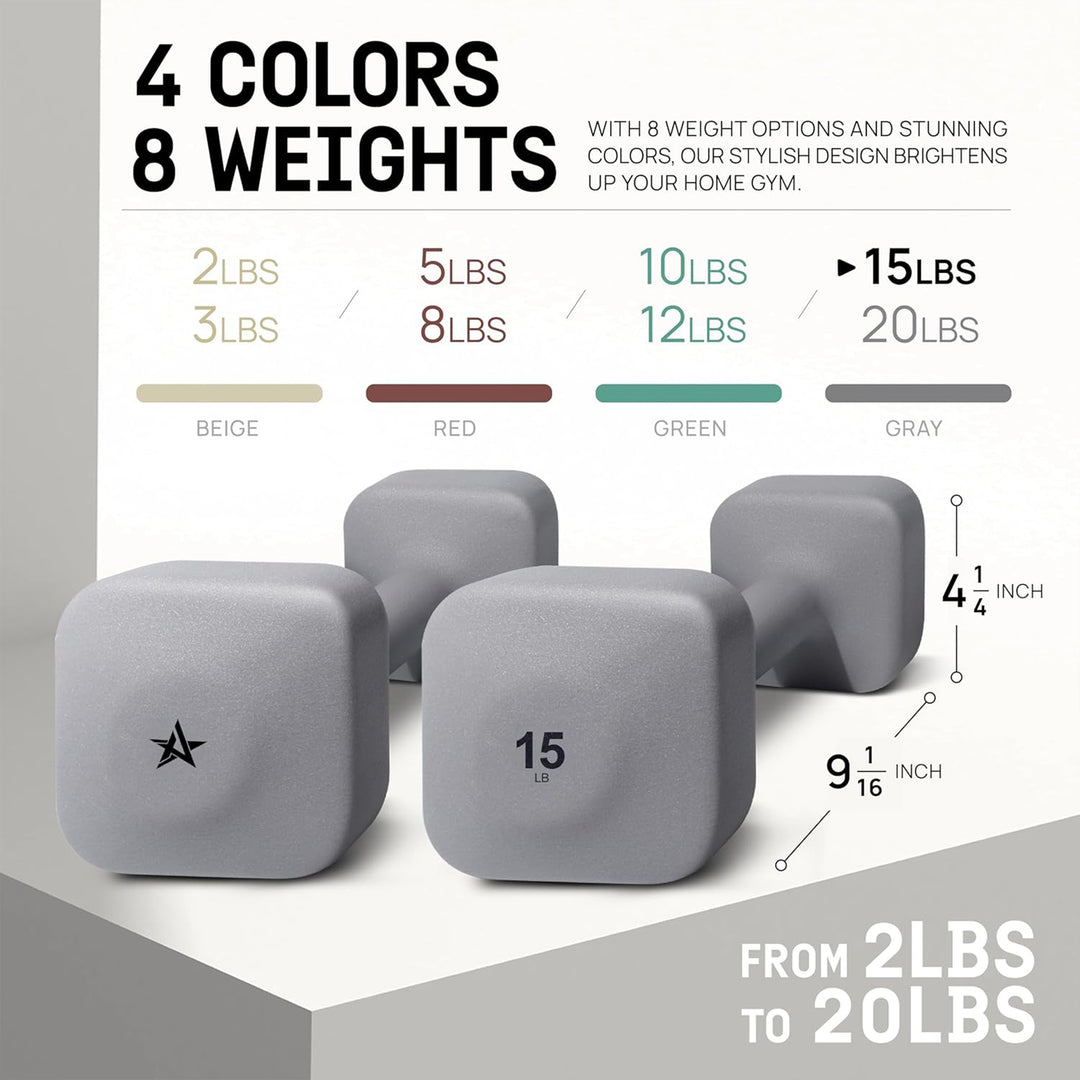 Yes4All Square Neoprene Dumbbell Set, Strength Training Hand Weights, 15lb, Grey - VMInnovations