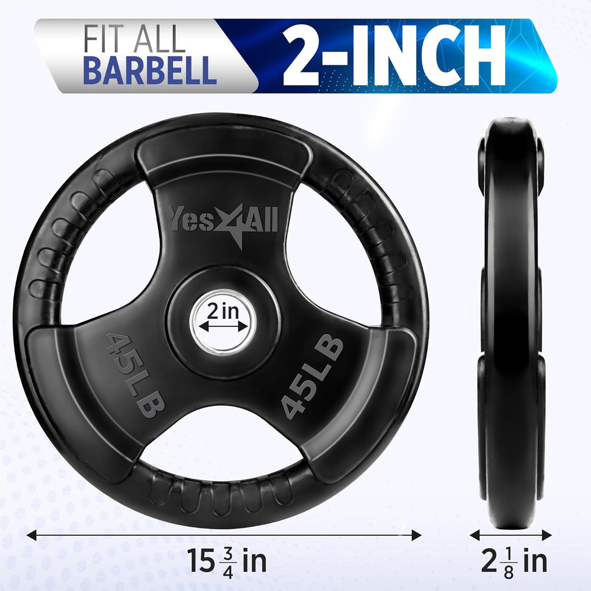 Yes4All Rubber Coated Cast Iron Olympic Weight Plate, Tri-Grip Handle (Open Box)