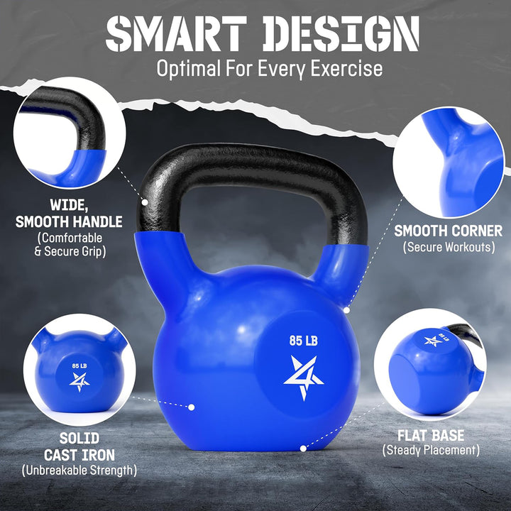 Yes4All 85 Pound Kettlebell, Single Vinyl Coated Cast Iron Home Gym Weight, Blue - VMInnovations