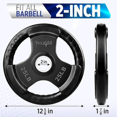 Yes4All Rubber Coated Cast Iron Olympic Weight Plate, Tri-Grip Handle, 25 Pounds - VMInnovations