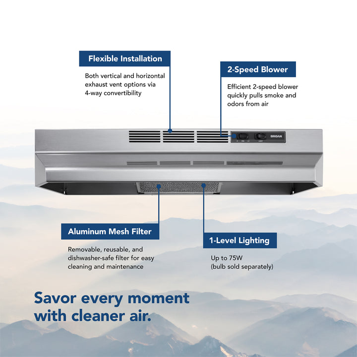 Broan-NuTone Convertible Range Hood, 30 Inch, 230 Max CFM, PrintGuard Stainless - VMInnovations