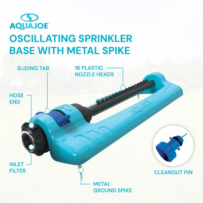 Aqua Joe Oscillating Sprinkler with Adjustable Spray, 20 Clog-Resistant Nozzles, Standard Base w/Metal Ground Spike, 3400 Square Foot Coverage - VMInnovations