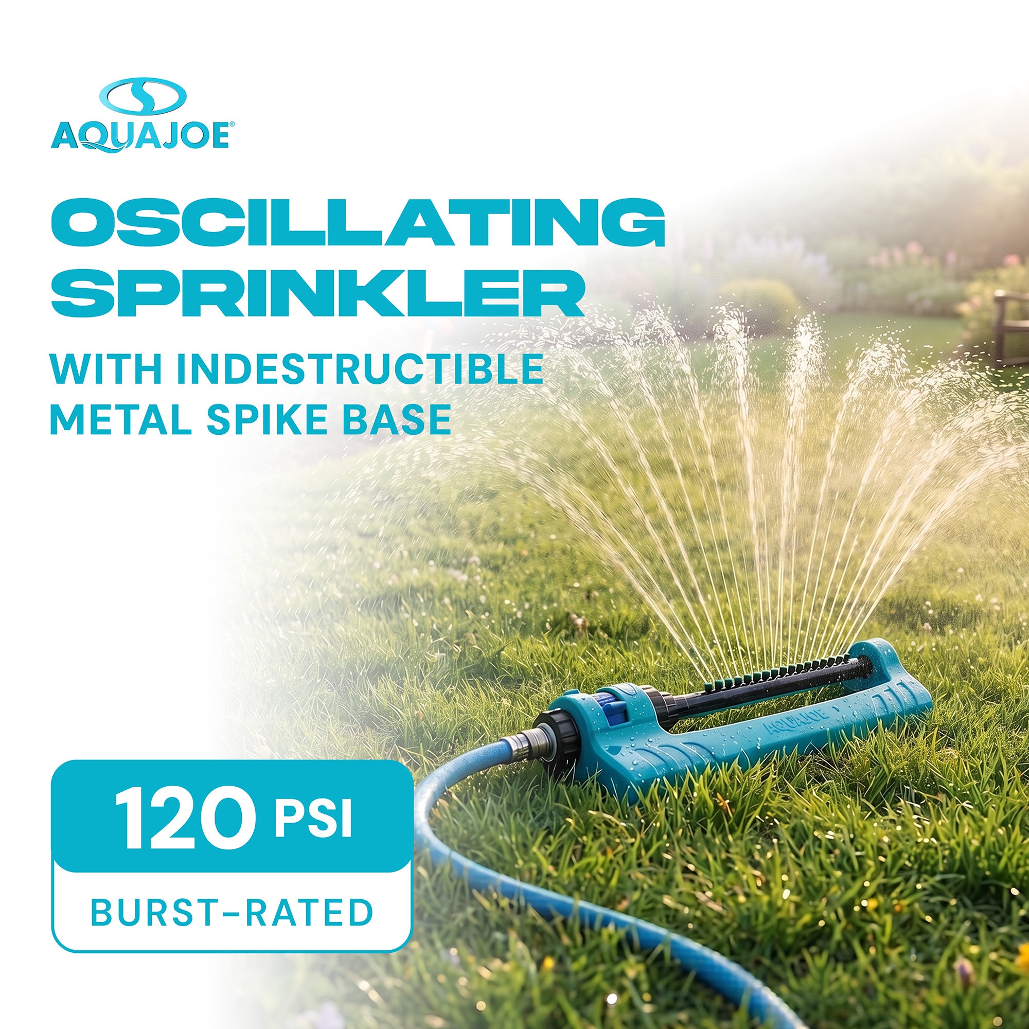 Aqua Joe Oscillating Sprinkler with Adjustable Spray, 20 Clog-Resistant Nozzles, Standard Base w/Metal Ground Spike, 3400 Square Foot Coverage