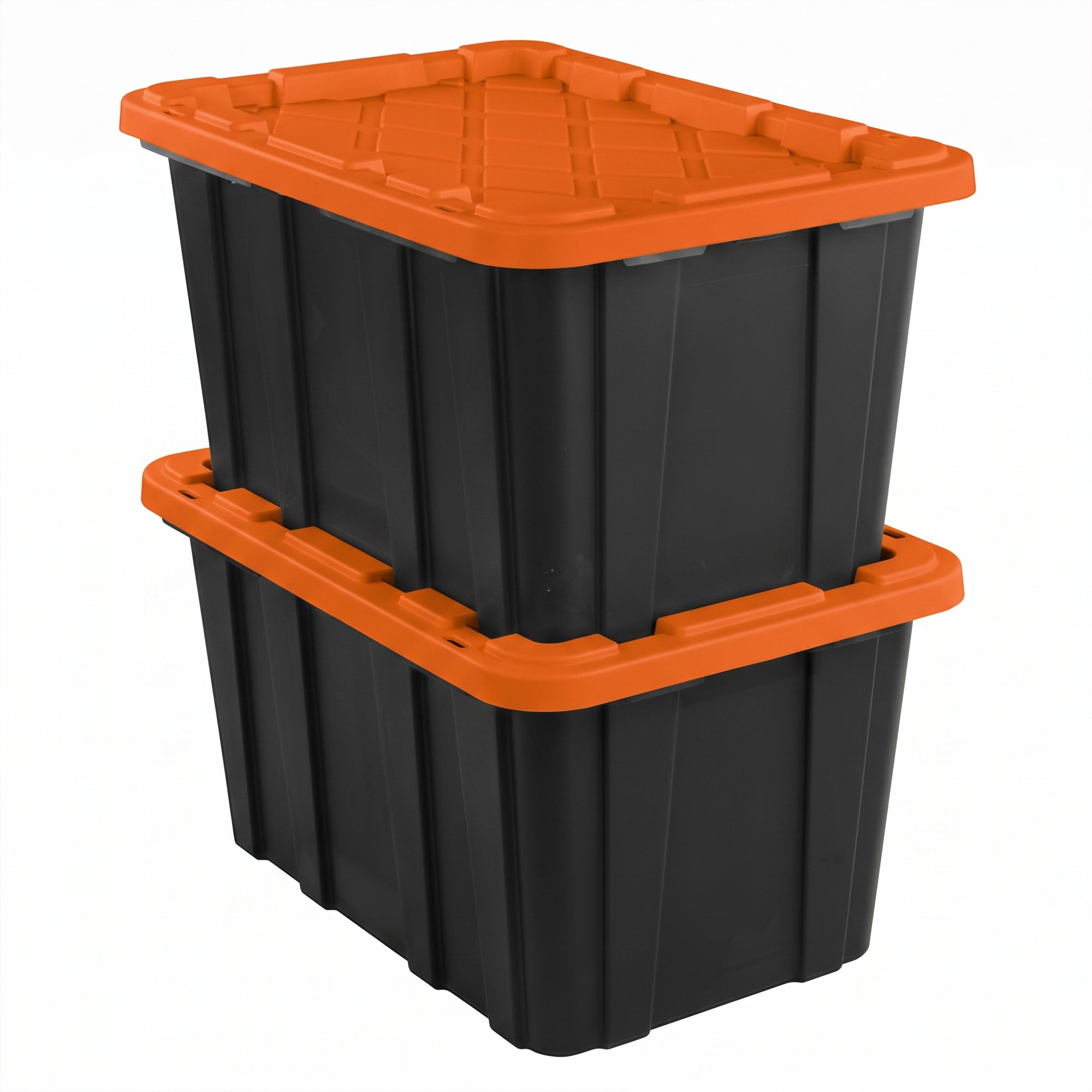 Sterilite 27 Gallon Industrial Storage Tote with Snap Fit Lids, Orange/Black (6 Pack)