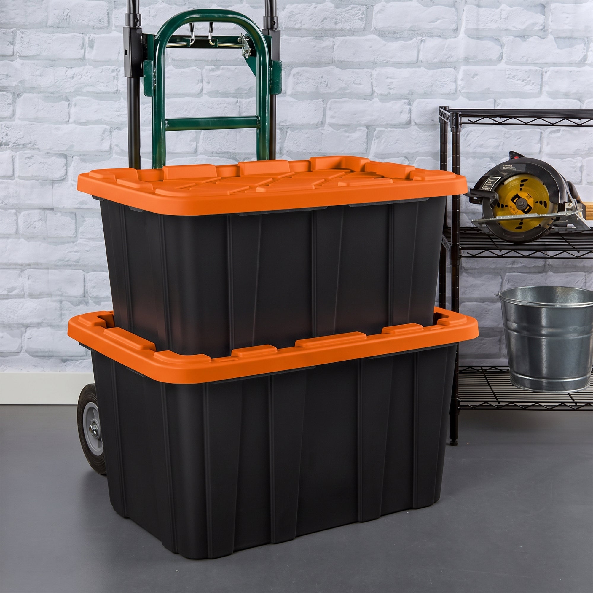 Sterilite 27 Gallon Industrial Storage Tote with Snap Fit Lids, Orange/Black (6 Pack)