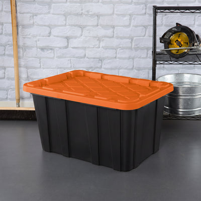 Sterilite 27 Gallon Industrial Storage Tote with Snap Fit Lids, Orange/Black (6 Pack)