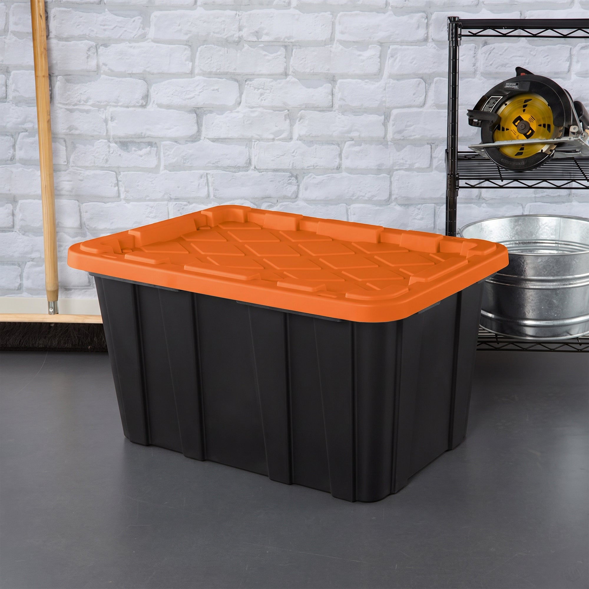 Sterilite 27 Gallon Industrial Storage Tote with Snap Fit Lids, Orange/Black (24 Pack)