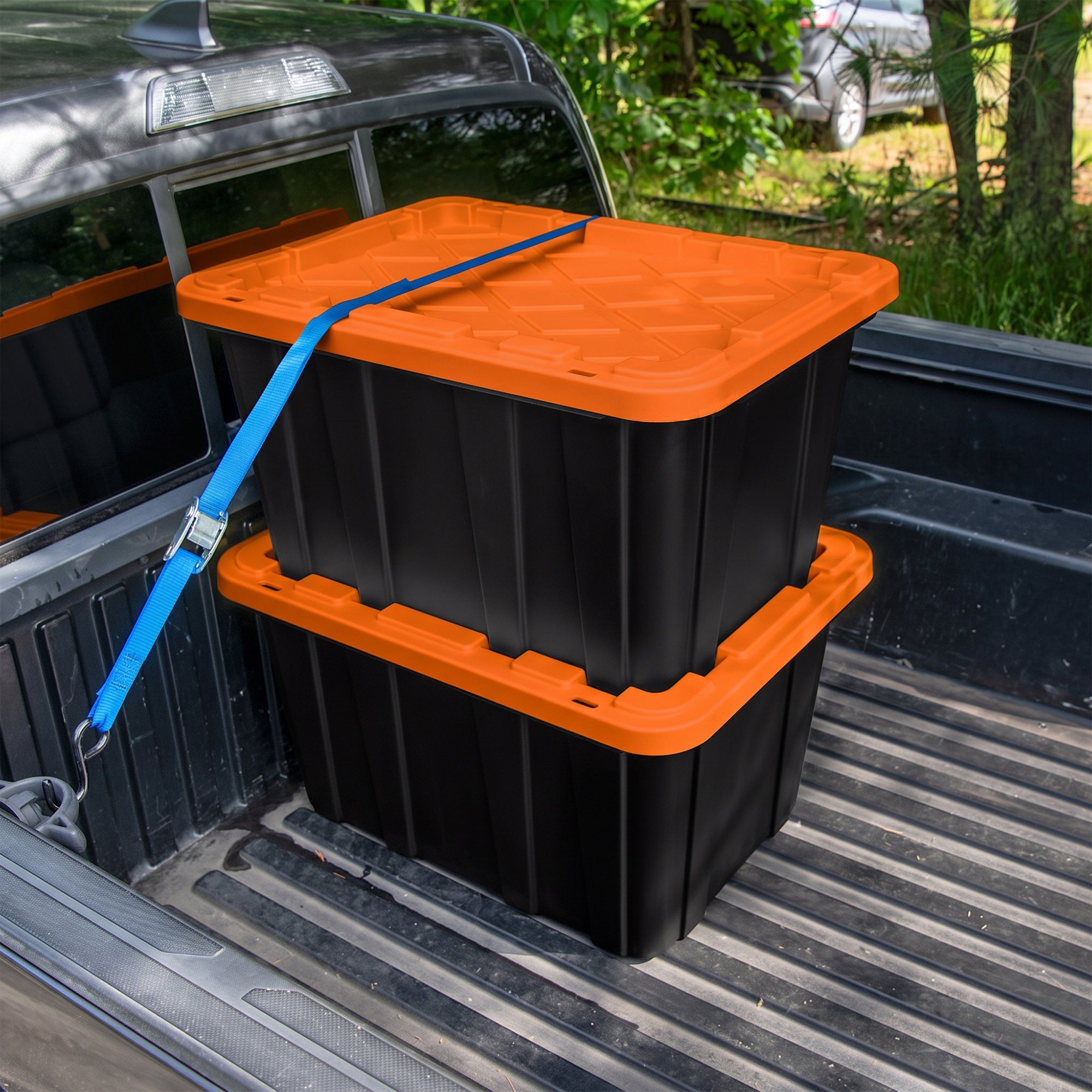 Sterilite 27 Gallon Industrial Storage Tote with Snap Fit Lids, Orange/Black (6 Pack)
