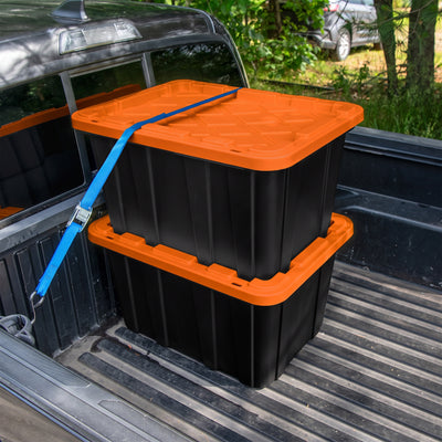 Sterilite 27 Gallon Industrial Storage Tote with Snap Fit Lids, Orange/Black (6 Pack)