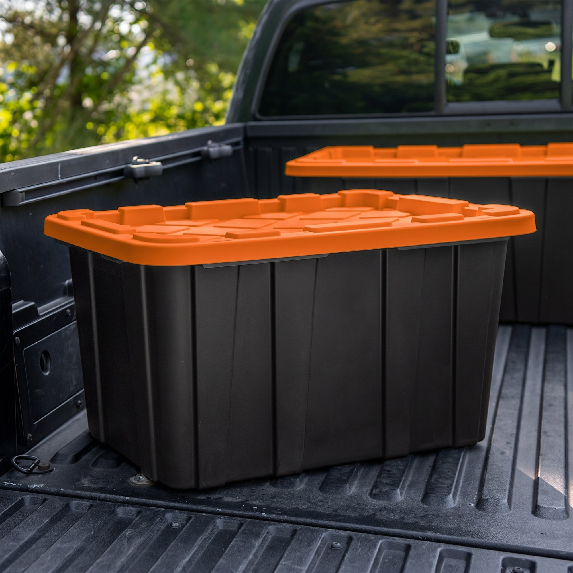 Sterilite 27 Gallon Industrial Storage Tote with Snap Fit Lids, Orange/Black (6 Pack)