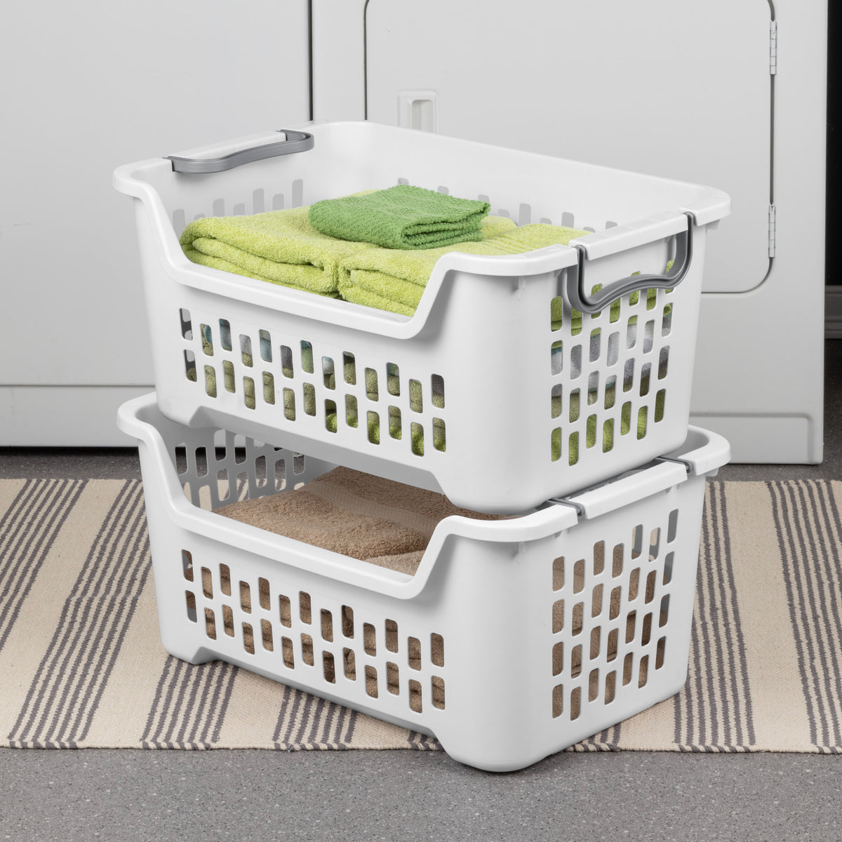 Sterilite Stacking Laundry Basket, 2 Bushel Hamper with Handles, White, 12 Pack