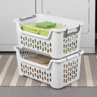 Sterilite Stacking Laundry Basket, 2 Bushel Hamper with Handles, White, 24 Pack