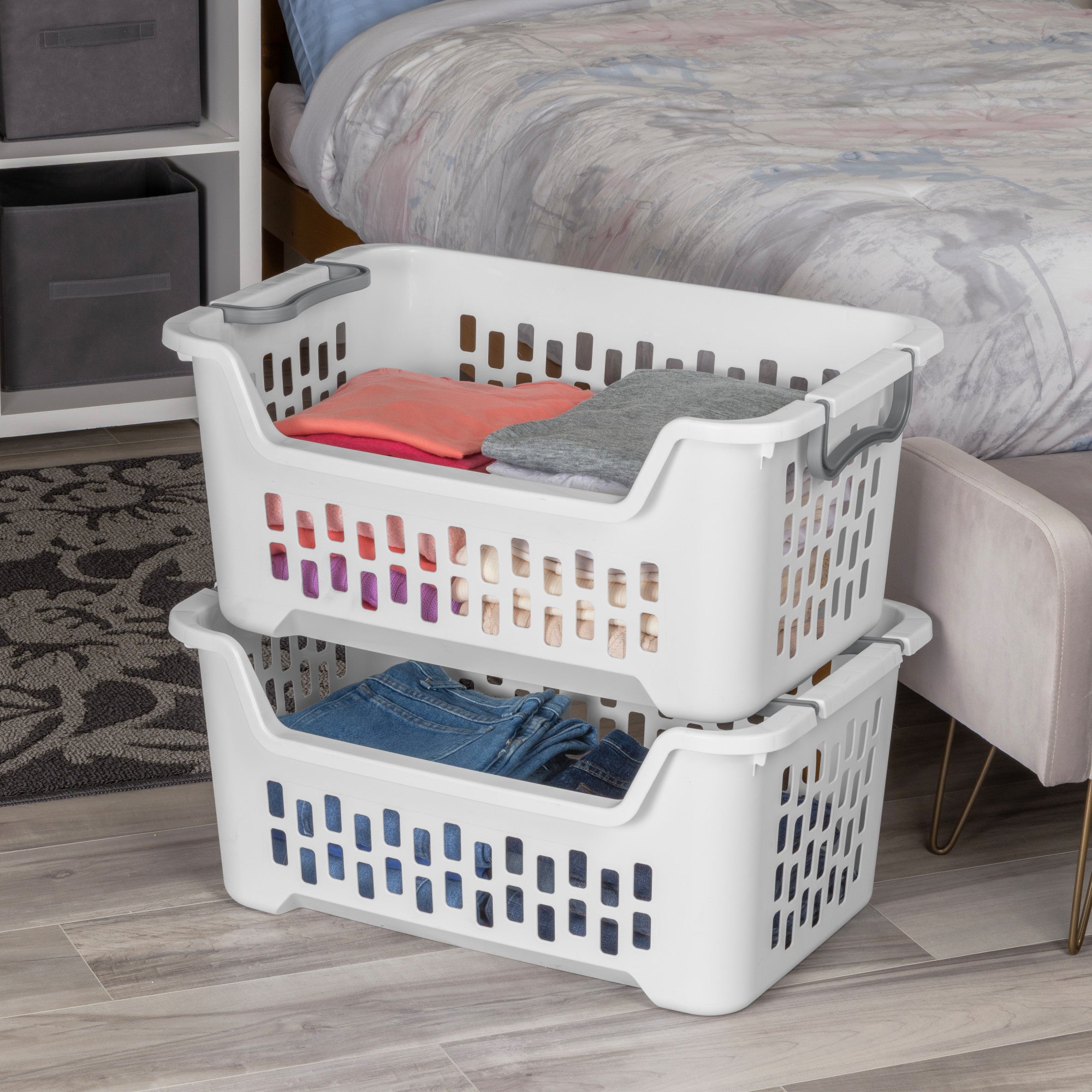 Sterilite Stacking Laundry Basket, 2 Bushel Hamper with Handles, White, 18 Pack