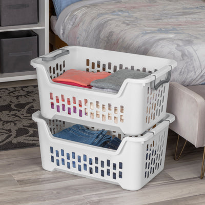 Sterilite Stacking Laundry Basket, 2 Bushel Hamper with Handles, White, 12 Pack