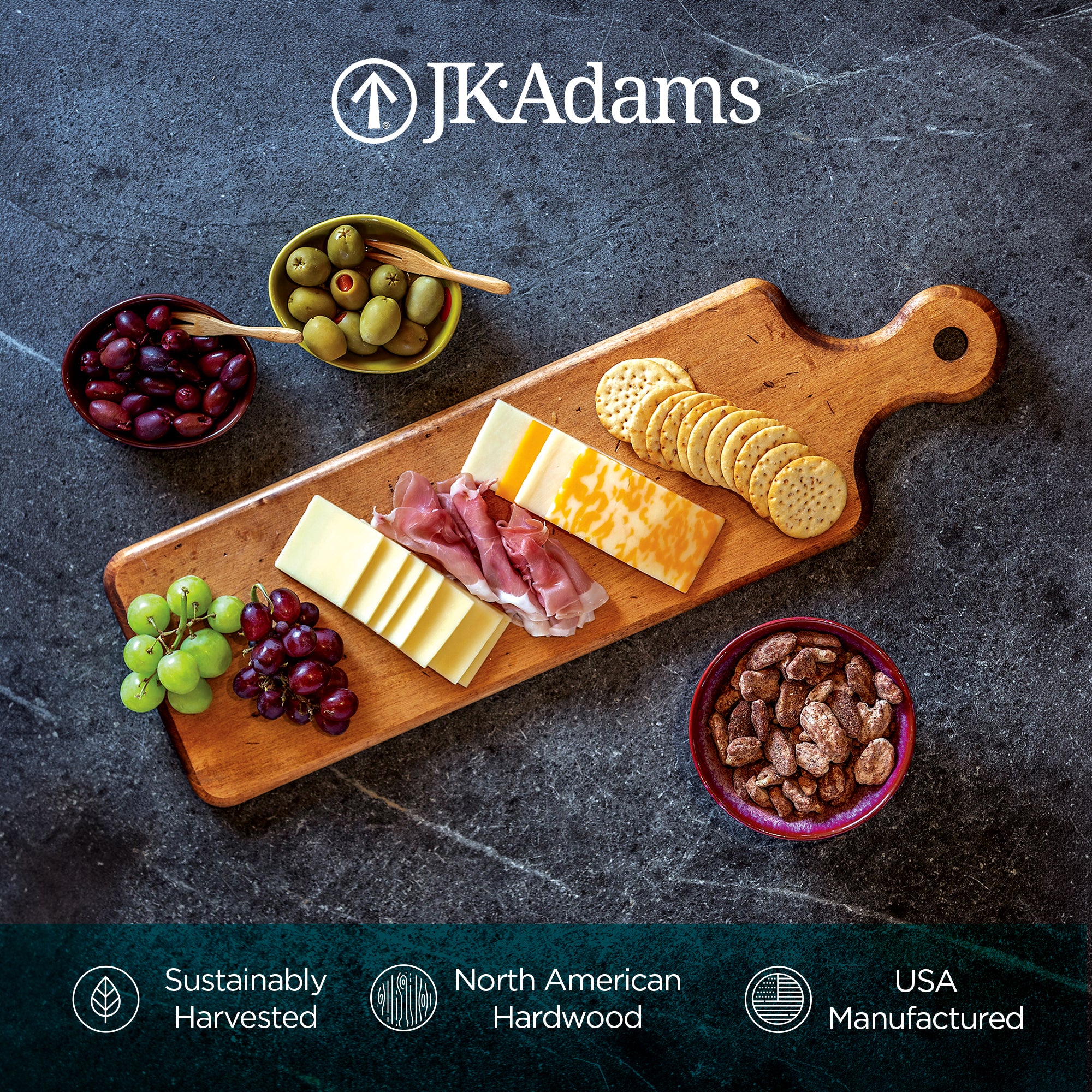 J.K. Adams Maple Artisan Plank, Wooden Serving Board Tray with Handle, 20" x 6" - VMInnovations