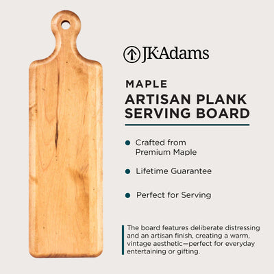 J.K. Adams Maple Artisan Plank, Wooden Serving Board Tray with Handle, 20" x 6" - VMInnovations