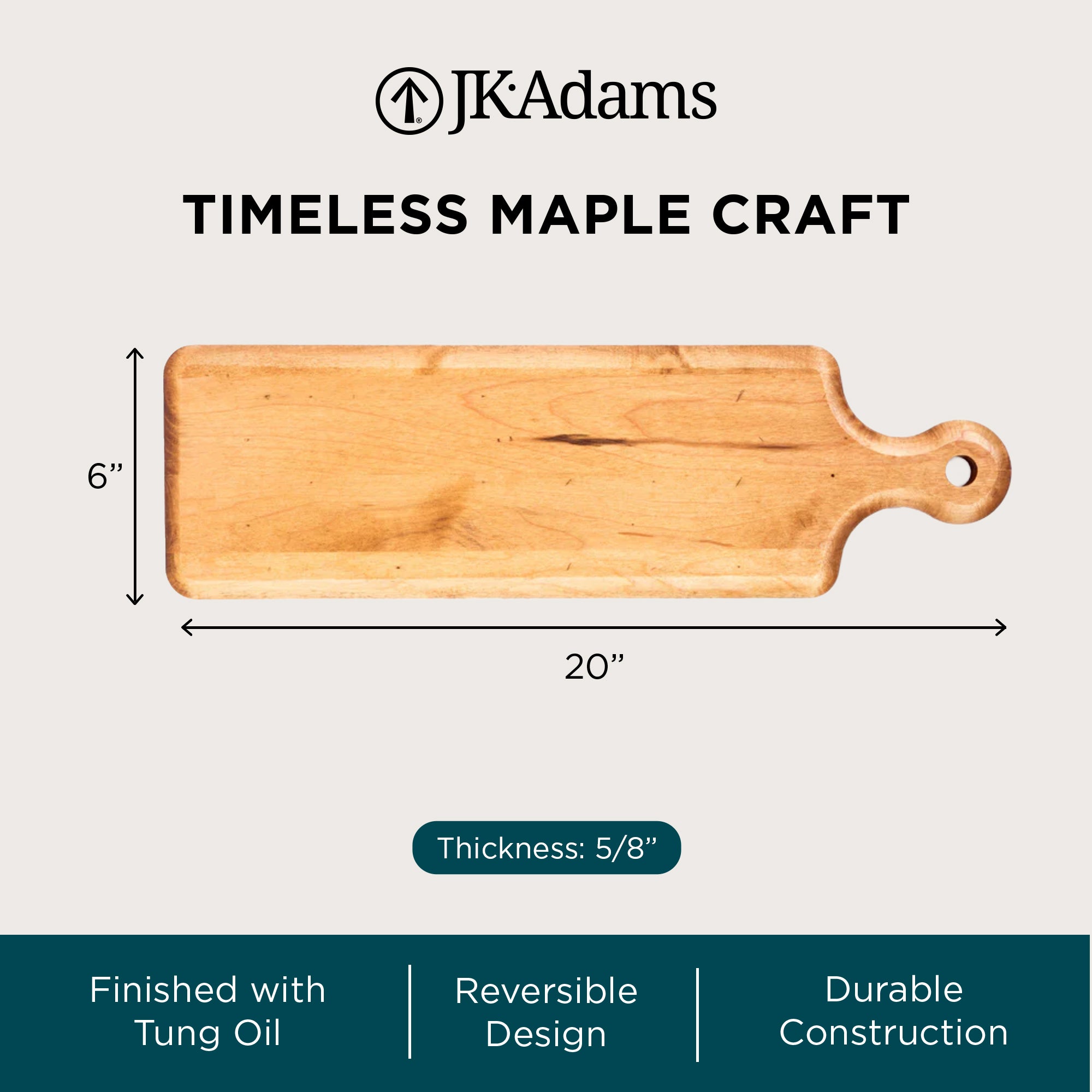 J.K. Adams Maple Artisan Plank, Wooden Serving Board Tray with Handle, 20" x 6" - VMInnovations