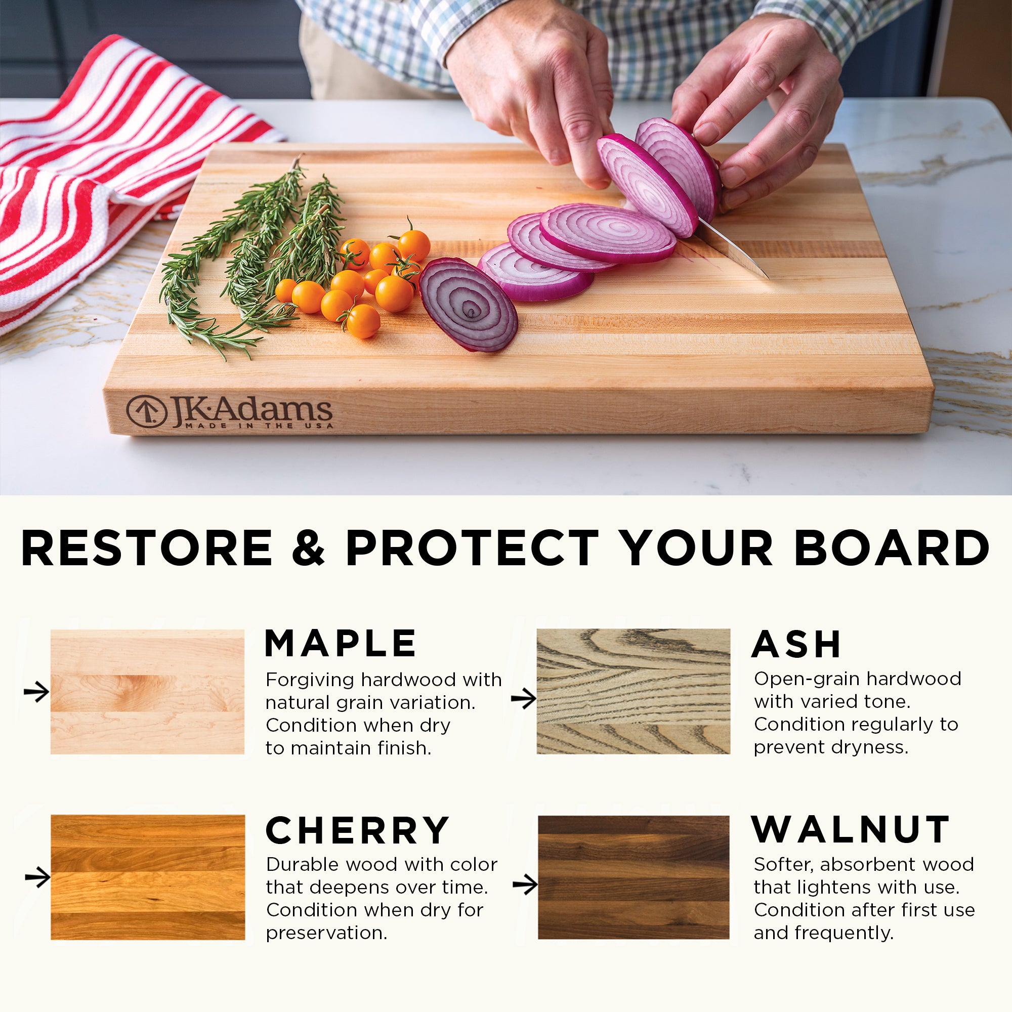 J.K. Adams Maple Artisan Plank, Wooden Serving Board Tray with Handle, 20" x 6" - VMInnovations
