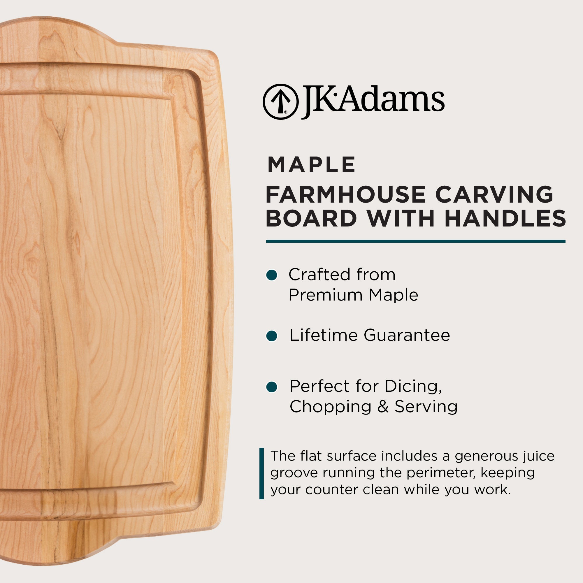 J.K. Adams Farmhouse Maple Carving Cutting Board w/ Handles, 20" x 14" x 0.75"