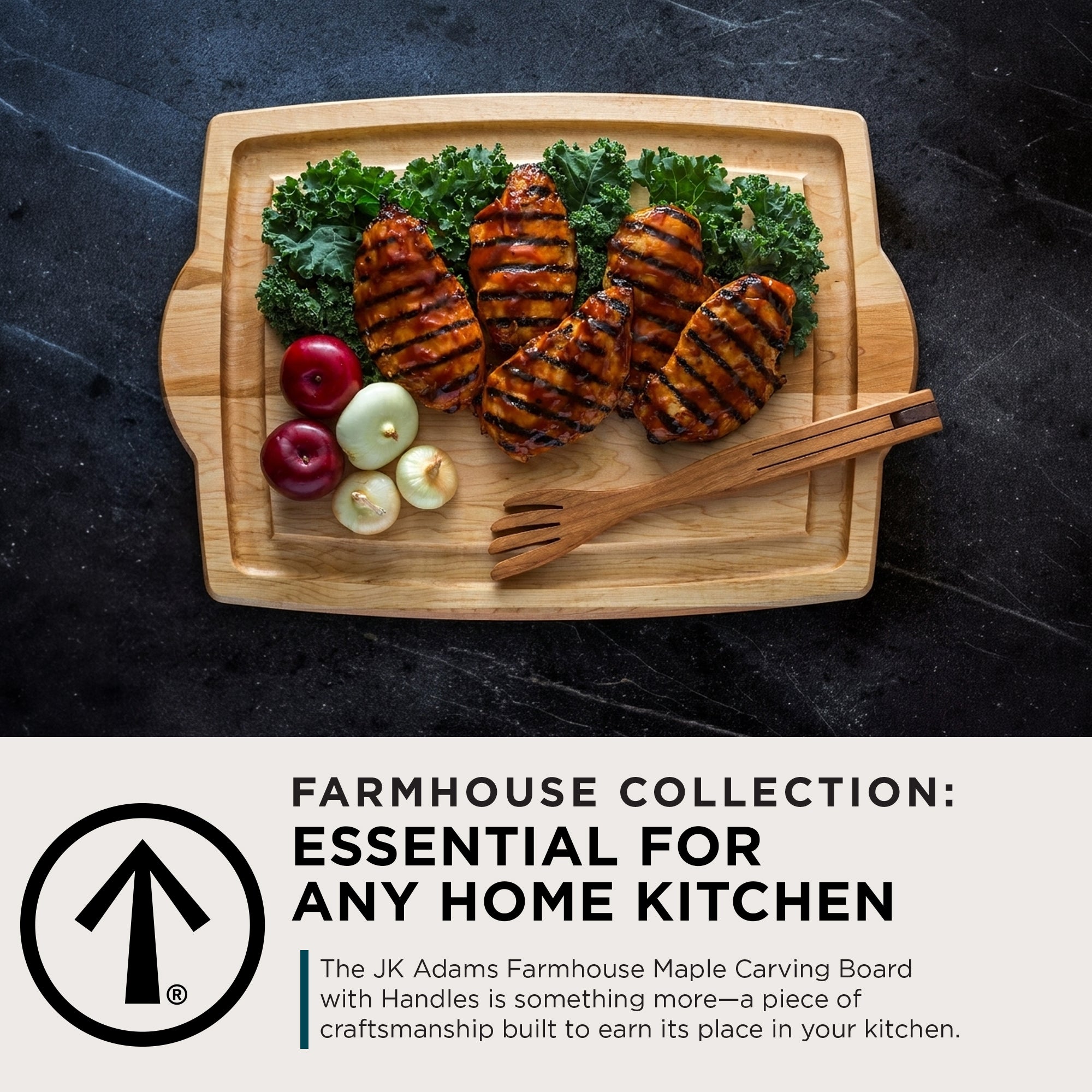 J.K. Adams Farmhouse Maple Carving Cutting Board w/ Handles, 20" x 14" x 0.75" - VMInnovations