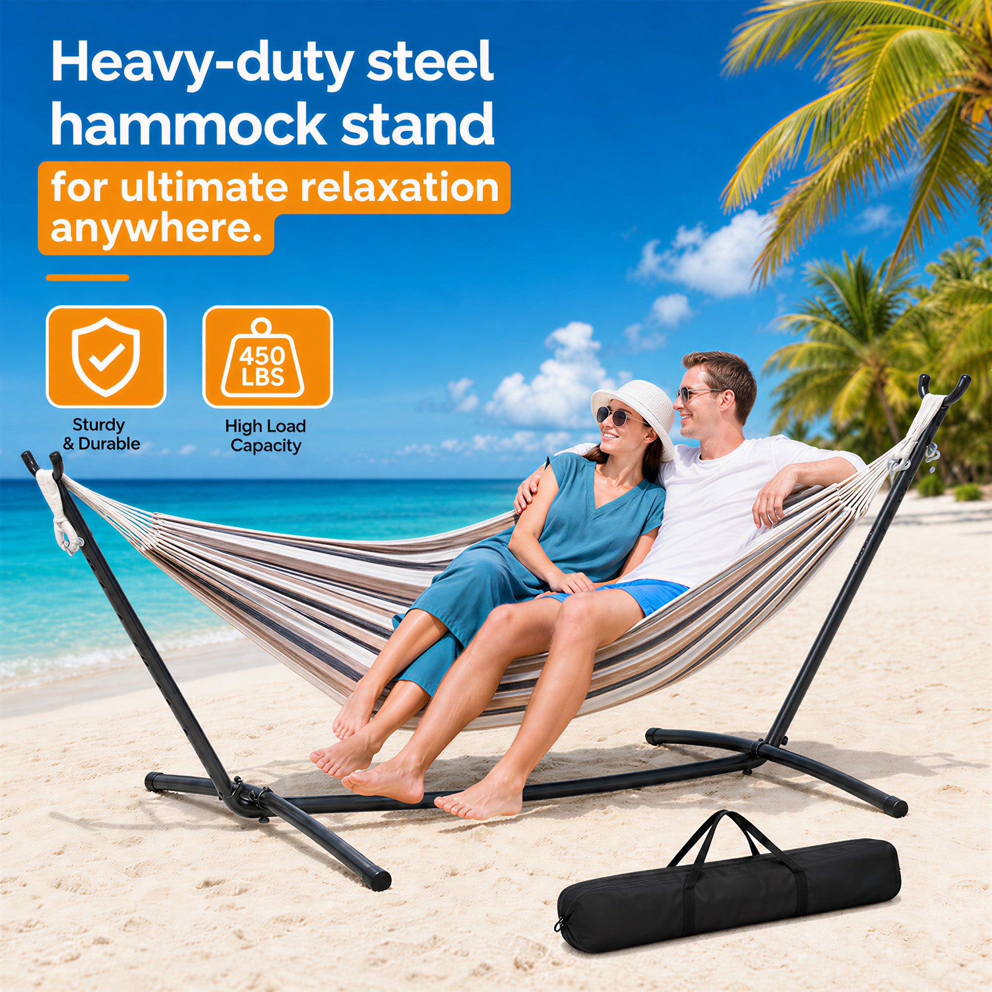 Elevon 9 ft Adjustable Steel Hammock Stand with Rubber Feet, Up to 450 lb, Black