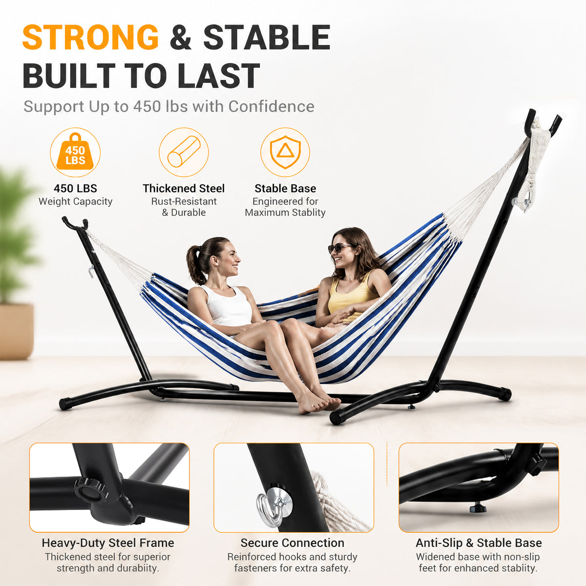 Elevon 9 ft Adjustable Steel Hammock Stand with Rubber Feet, Up to 450 lb, Black