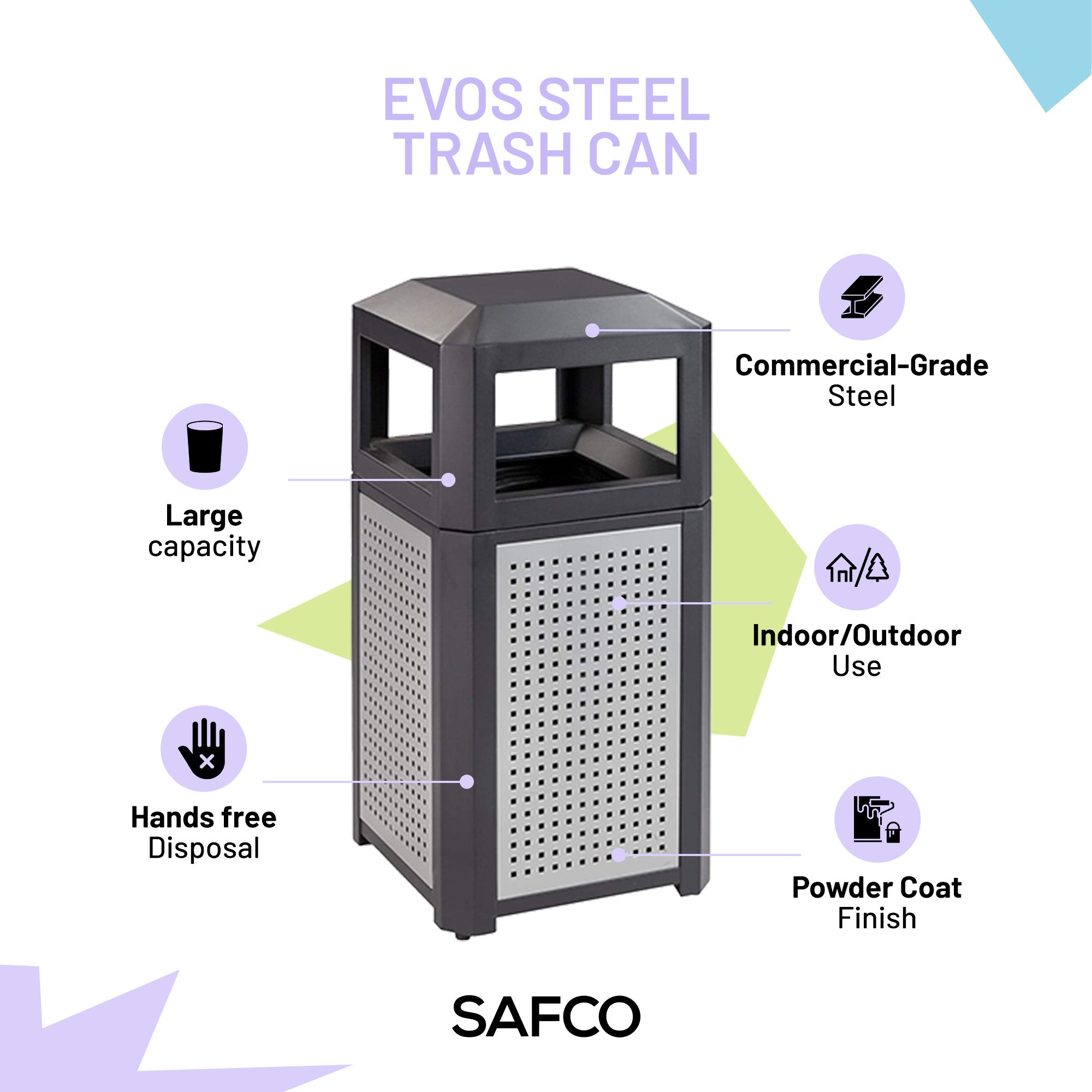 Safco Evos Steel Trash Can, 15 Gallon Garbage Bin for Indoors or Outdoors, Black