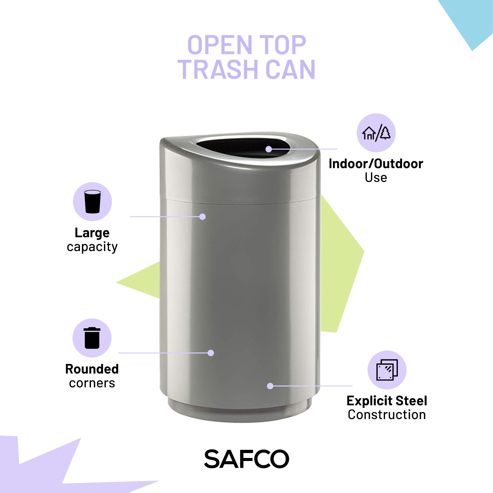 Safco Open Top Trash Can, Indoor Home 30 Gallon Waste Bin Container, Silver