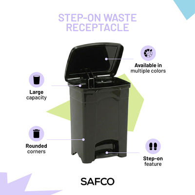 Safco Step On Trash Can with Foot Pedal, 4 Gal Plastic Indoor Waste Bin, Black (Open Box)