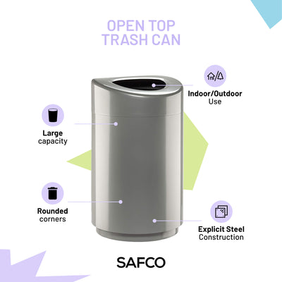 Safco Open Top Trash Can, Indoor Home 30 Gallon Waste Bin Container, Silver
