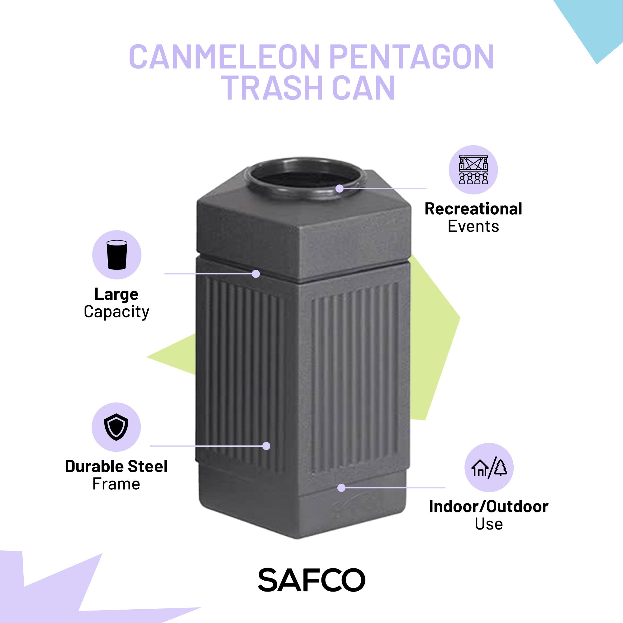 Safco Canmeleon Pentagon Trash Can for Indoor/Outdoor, Open Top, 30 Gallon Black