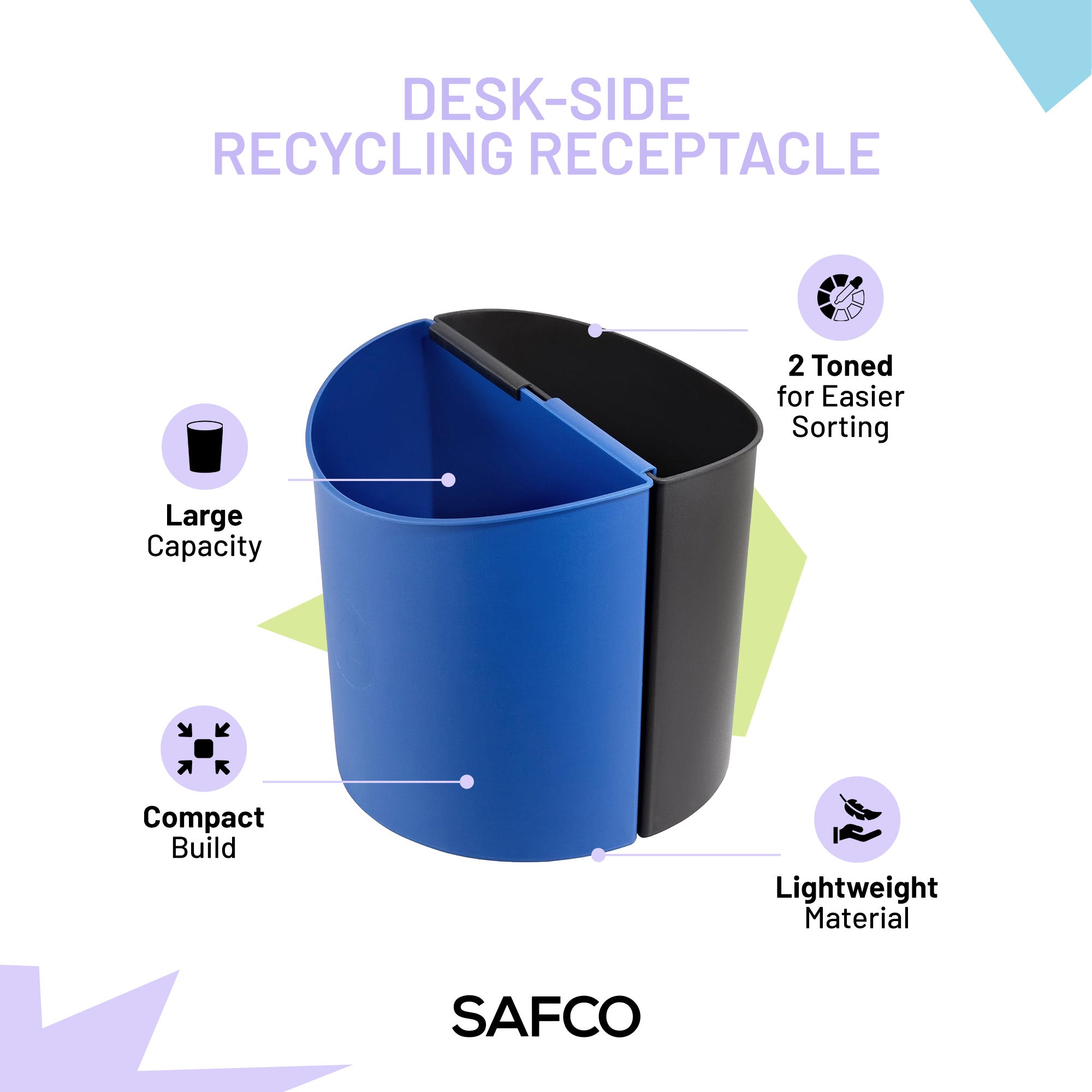 Safco Desk-Side Recycling Receptacle, 6 Gallon Combined Capacity, Black & Blue