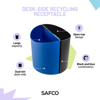 Safco Desk-Side Recycling Receptacle, 15 Gallon Combined Capacity, Black & Blue